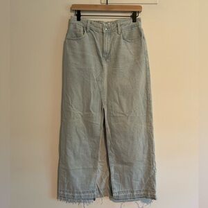 Zara Women’s Light Wash Denim Maxi Skirt Long Straight Raw Hem Front Slit Small